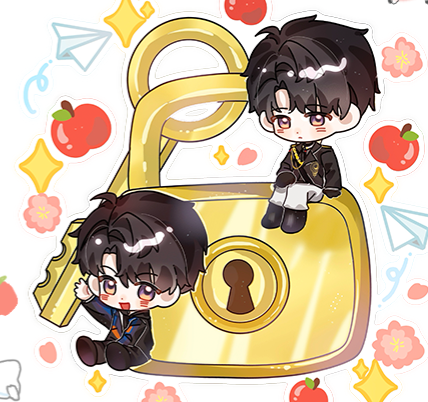 Locked Room with Caleb：角色与金色锁的插画
